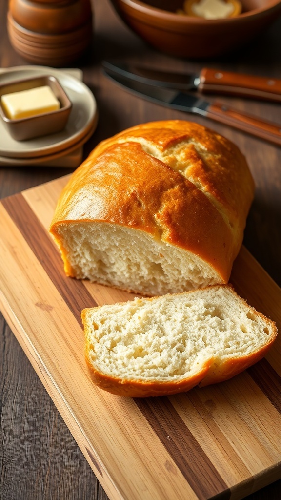 Outback Steakhouse Style Bread Machine Recipe A golden brown loaf of Outback Steakhouse style bread on a wooden board with butter.
